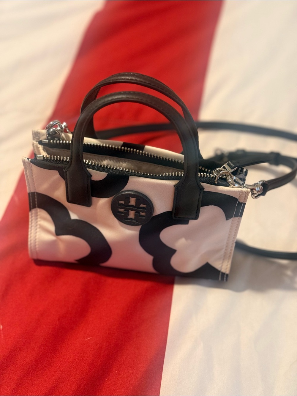 Tory Burch Black & Pink Mini Tote with Logo Medallion